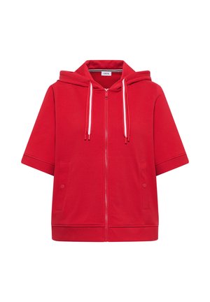 Červená mikina s krátkými rukávy na zip s bílými šňůrkami a předními kapsami na patentky, zobrazená na bílém pozadí.