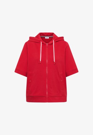 Sweat à capuche rouge à manches courtes zippé avec cordons blancs et poches avant avec boutons-pression, présenté à plat sur fond blanc.