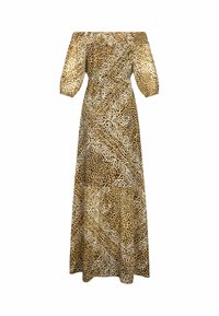 Maxi-jurk met een off-the-shoulder ontwerp, met pofmouwen, een luipaardprint in bruin en beige, en een vloeiende silhuet.