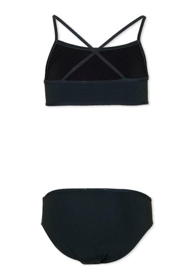 Maillot de bain deux pièces noir avec un haut court à fines bretelles croisées dans le dos et un bas de bikini taille haute.