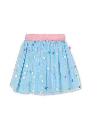 Jupe en tulle bleu avec des sequins multicolores en forme de cœur et une large ceinture élastique rose pour enfant.