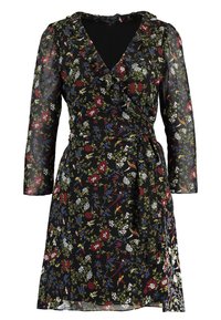 Vestido negro ceñido con mangas largas de tela transparente, escote con volante y estampado floral colorido en rojo, blanco y azul. Cintura ajustable con lazo.