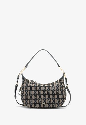 Borsa hobo con un motivo logo beige e nero, dettagli in pelle nera, hardware dorato e una tracolla curva. Chiusura con zip nella parte superiore.