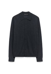 Ciemnoszara cardigan wykonana z miękkiego materiału, z kołnierzykowym dekoltem, pełnym zapięciem na guziki, długimi rękawami i ściągaczami na mankietach.