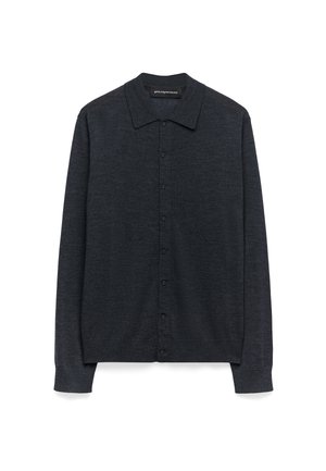Cardigan grigio scuro realizzato in morbido tessuto, con un collo classico, chiusura a bottoni completa, maniche lunghe e polsini a costine.