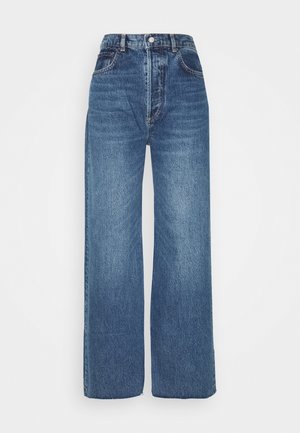 High-waisted wide-leg jeans made of blue denim. Features contrast stitching, belt loops, and a button closure. Smooth texture with a faded finish.