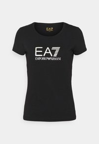 T-shirt noir à manches courtes ajusté avec un col rond, arborant le logo blanc EA7 Emporio Armani centré sur la poitrine.
