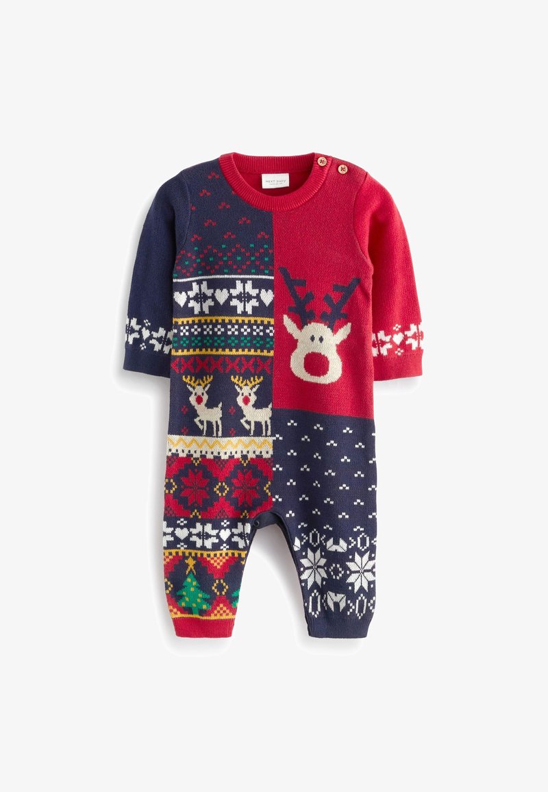 Body bébé avec des parties rouges et bleu marine, décoré de rennes, de cœurs, de flocons de neige, de sapins de Noël et de motifs géométriques festifs.