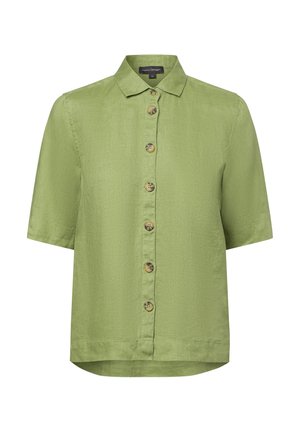 Korte mouwen overhemd in lichtgroene stof, met een kraag en zes bruine knopen aan de voorkant. Glad textuur met een relaxte pasvorm.