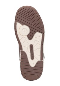 Schuhsohle aus braunem Gummi mit einem strukturierten, Zickzackmuster und einem cremefarbenen Akzent. Logo "KangaROOS" an der Seite geprägt.