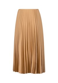 Plissé midi rok in lichtbeige, met een zachte, vloeiende textuur en een brede elastische tailleband voor comfort.
