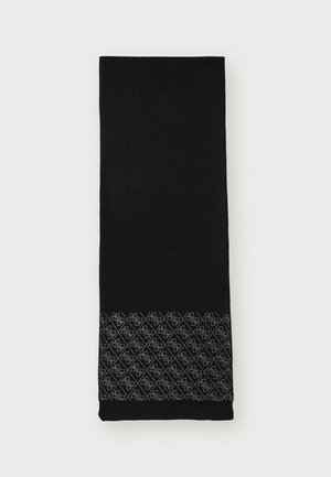Écharpe rectangulaire noire avec motif losange et petits dessins floraux gris clair près d'une extrémité sur fond blanc.