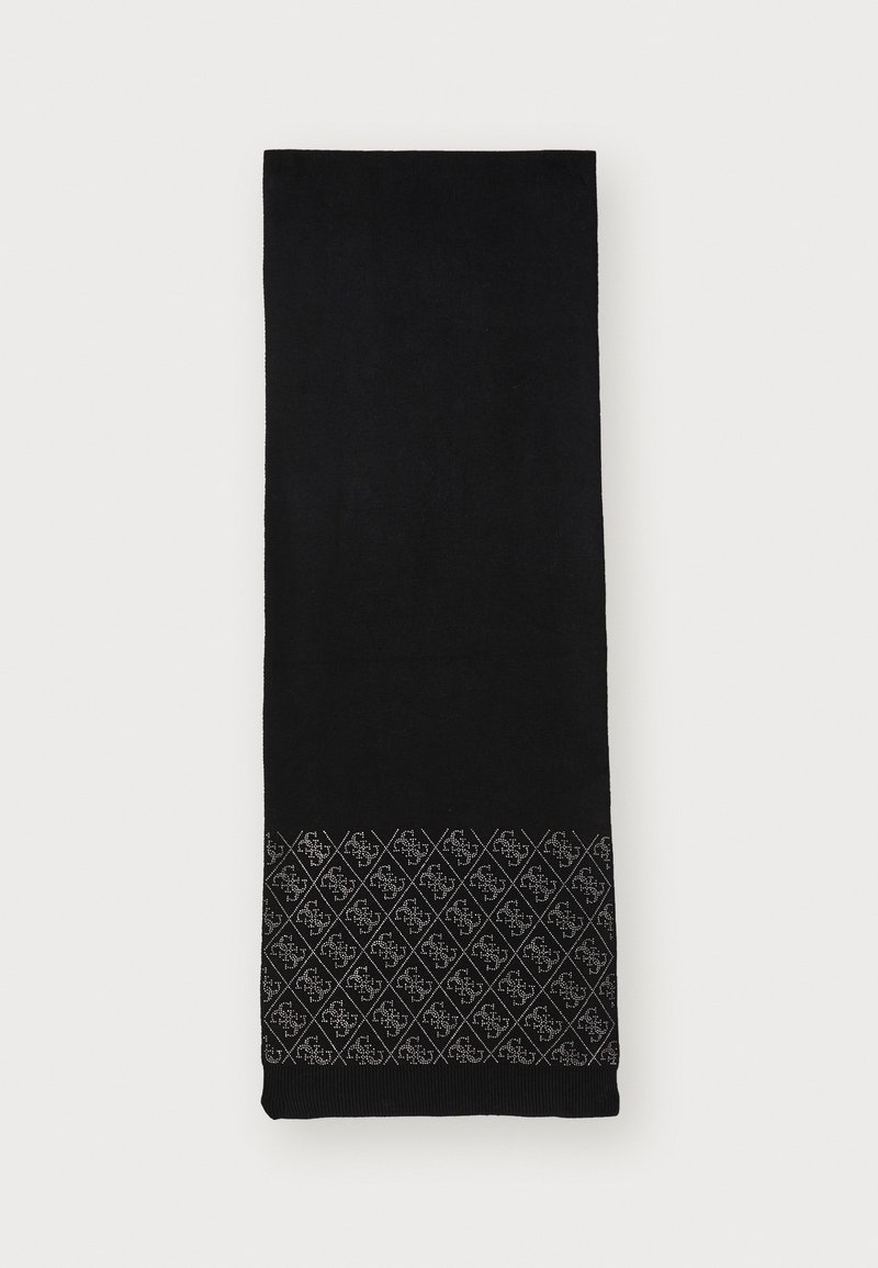 Écharpe rectangulaire noire avec motif losange et petits dessins floraux gris clair près d'une extrémité sur fond blanc.