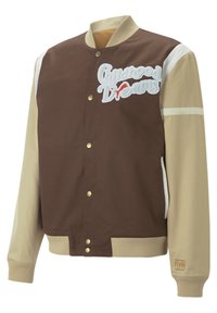 Brown and beige varsity jacket with a snap closure, featuring "Childhood Dreams" embroidered in white and red. Accents include striped sleeves.