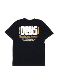 Black cotton t-shirt featuring bold white and orange text on the back: "DEUS XIII Any God Any Machine 98-104 Parramatta Rd. Camperdown 2050."