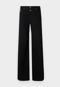 Black wide-leg pants made of cotton, featuring a button fly and two front pockets. Distinctive golden buttons for closure and style.