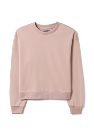 Sudadera de manga larga color rosa claro con cuello redondo, puños y dobladillo acanalados, mostrada extendida sobre un fondo blanco.