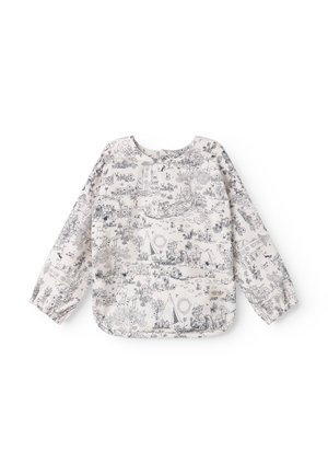 Detský plášť s dlhým rukávom s čiernobielymi ilustráciami prírody a zvierat, s elastickými manžetami a predným vreckom.