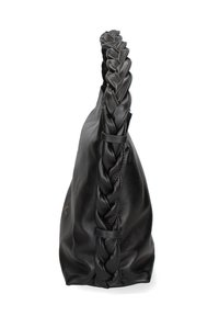 Borsa a tracolla in pelle nera con manico intrecciato, texture morbida e silhouette strutturata. Dettagli notevoli includono un design elegante e hardware minimal.