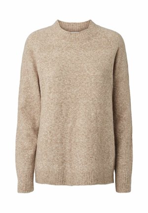 Beige stickad tröja med rundad halsringning, ribbat avslut och textilstruktur. Har långa ärmar och avslappnad passform.