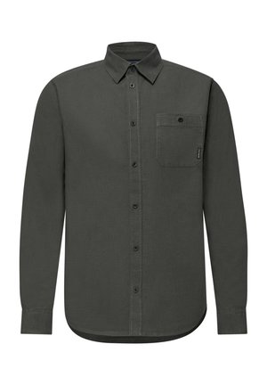Dunkelgraues Hemd mit langen Ärmeln, Knopfleiste, Kragen und einer einzelnen, mit Knopf verschließbaren Brusttasche, aus strukturiertem Stoff gefertigt.
