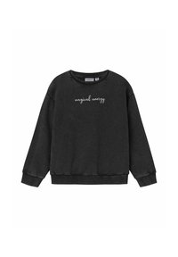 Sweatshirt noir à manches longues, col et poignets côtelés, avec un texte en cursive blanche disant "énergie magique" sur le devant.