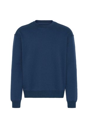 Sweatshirt bleu marine en mélange de coton, avec un col rond, des manches longues, des poignets à côtes et une texture lisse et uniforme.