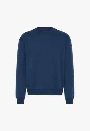 Temno modra pulover iz mešanice bombaža, z okroglim izrezom, dolgimi rokavi, rebrastimi manšetami ter enotno, gladko teksturo.