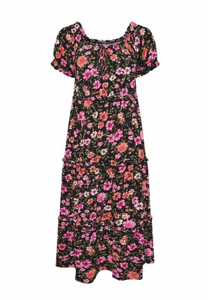 Sort midi-kjole med puffede ærmer og blomsterprint i pink, rød og hvid, med en rynket halsudskæring med bindedetalje.