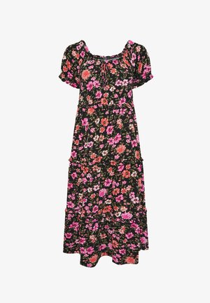 Zwarte midi-jurk met pofmouwen en een bloemprint in roze, rood en wit, voorzien van een geplooide halslijn met strikdetail.