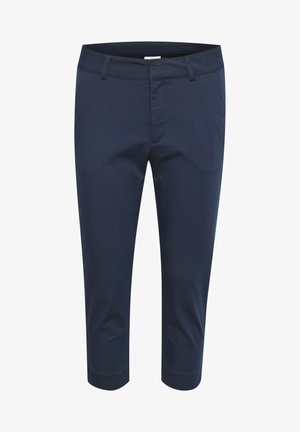 Marineblaue verkürzte Hose aus einem glatten Stoff, mit flachem Vorderteil, Gürtelschlaufen und Seitentaschen für ein elegantes Design.