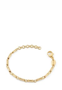 Gouden armband met cilindrische schakels en ronde verbindingen, afgesloten met een karabijnsluiting. Inclusief een verstelbare verlengkette.