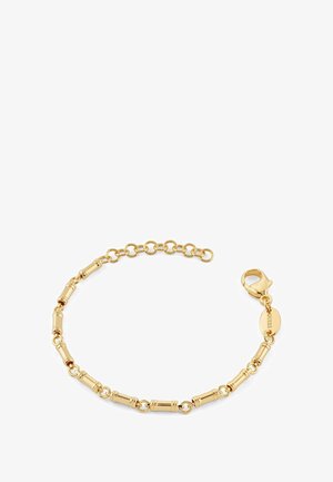 Złota bransoletka z cylindrycznymi ogniwami i okrągłymi łącznikami, zabezpieczona zatrzaskiem typu homar. Zawiera regulowany łańcuszek przedłużający.