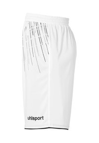 Shorts de sport blancs en tissu léger, avec un design graphique linéaire noir et une taille élastique. Logo de la marque sur l'ourlet.