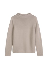 Hellbeige Strickpullover mit rundem Halsausschnitt, langen Ärmeln und strukturierter Oberfläche. Bietet eine lockere Passform und dezente Nähedetails.