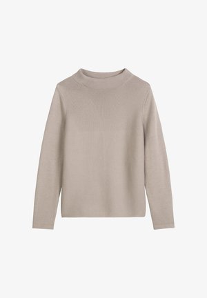 Hellbeige Strickpullover mit rundem Halsausschnitt, langen Ärmeln und strukturierter Oberfläche. Bietet eine lockere Passform und dezente Nähedetails.