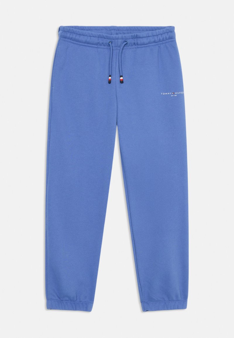 Blue cotton sweatpants with elastic waistband and drawstring. Features logo detailing in white on the left thigh and cuffed ankles.