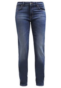 Jeans in denim blu scuro con vestibilità dritta, design a cinque tasche e dettagli di cucitura visibili. Il tessuto è liscio con una leggera scoloritura.