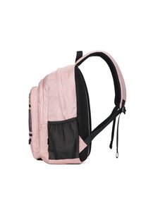Zaino in nylon rosa con dettagli in rete nera, numerosi scomparti con zip, spallacci imbottiti e una forma strutturata.