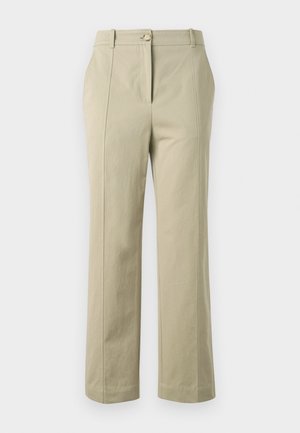 Lys beige bukser med rett ben design, laget av bomull. Har en front knappåpning og pressede folder foran.
