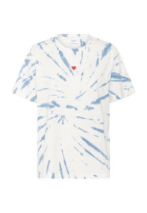 Cotton t-shirt with blue tie-dye pattern on a white background. Features a small red heart design on the chest. Crew neckline and short sleeves.