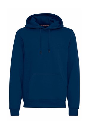 Tamsiai mėlynas džemperis su kengūros kišenėmis, su raišteliu reguliuojama kapuce, nertomis rankovėmis ir subtiliu emblemos įspaudu ant krūtinės. Minkšta medvilnės medžiaga.