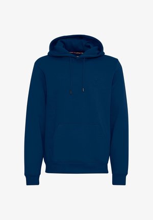 Navy blue hoodie with a kangaroo pocket, drawstring hood, ribbed cuffs, and a subtle embossed logo on the chest. Soft cotton material.