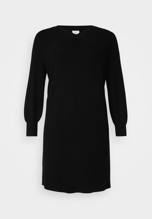 Black knitted dress with a V-neck, long balloon sleeves, and ribbed cuffs. Simple design with a straight cut, knee-length hem.