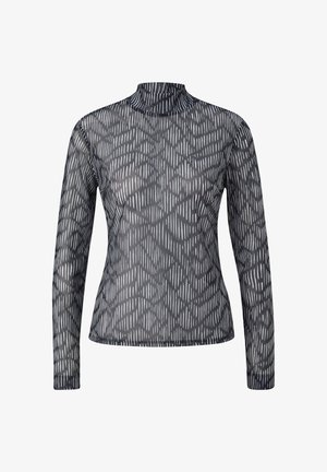 Top de manga larga con cuello vuelto en tela negra transparente con patrón abstracto blanco, de diseño ajustado y textura suave.