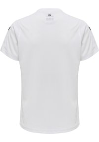Weißes T-Shirt mit kurzen Ärmeln und Rundhalsausschnitt, mit einem dezenten Logo auf der Rückseite und schwarzen Akzenten auf jeder Schulter.