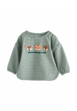 Green striped long-sleeve sweatshirt featuring embroidered animal faces (deer, fox, bear) and text "nature loving cosy friends." Smooth texture.
