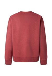 Sudadera roja con cuello redondo, puños y dobladillo acanalados. Hecha de tela suave con textura lisa y un diseño sencillo y minimalista.