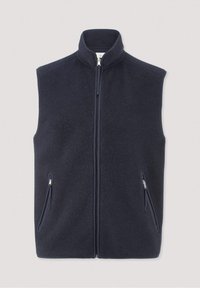 Marineblauer Fleece-Weste mit hohem Kragen, durchgehendem Reißverschluss und zwei seitlichen Reißverschlusstaschen. Weiche Textur in einfarbig und ohne Muster.