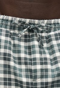 Τμήμα μέσης πράσινου και λευκού καρό παντελονιού με δεμένη υφασμάτινη κορδονιέρα και σκούρο καφέ δέρμα πάνω από τη μέση.
